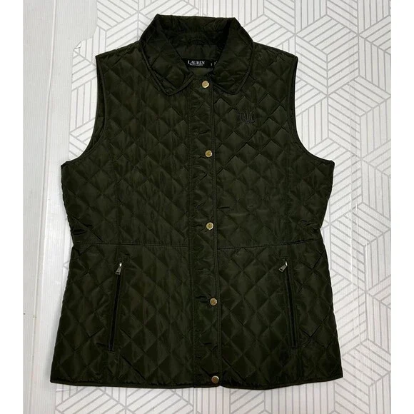 Ralph Lauren Womens Quilted Vest Green Full Zip Pony Logo Size L Preppy j - Picture 8 of 8